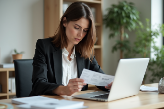 Femme au bureau vérifiant son billet d'avion et tapant sur son ordinateur