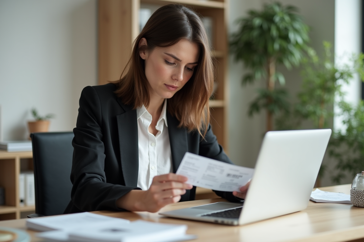 Femme au bureau vérifiant son billet d'avion et tapant sur son ordinateur