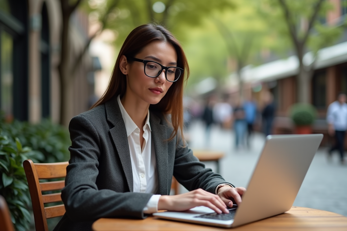 Femme adulte comparant des sites de programmes linguistiques en extérieur
