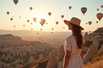 Jeune femme regardant les ballons en Cappadoce au lever du soleil