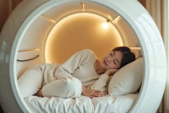 Jeune femme détendue dans capsule hôtel moderne