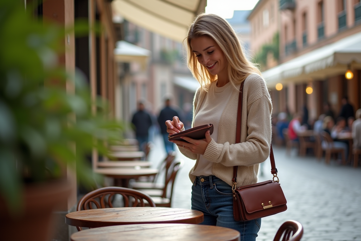 Jeune femme sortant une carte bancaire dans un café européen