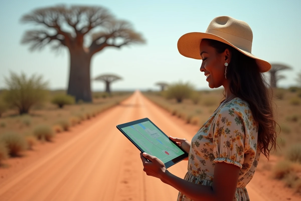 Femme utilisant une tablette avec carte hors ligne du Sénégal près d'un baobab en zone rurale