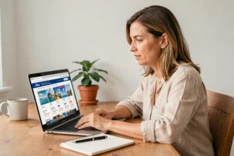 Femme comparant des offres de croisières sur un comparateur en ligne depuis son bureau à domicile