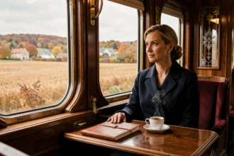 Femme élégante en compartiment du Venice Simplon-Orient-Express regardant le paysage français par la fenêtre