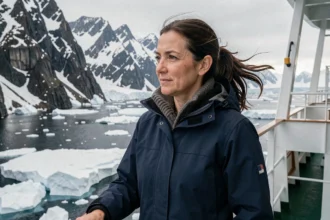 Femme en veste d'expédition sur le pont d'un navire de croisière devant les fjords enneigés du Spitzberg