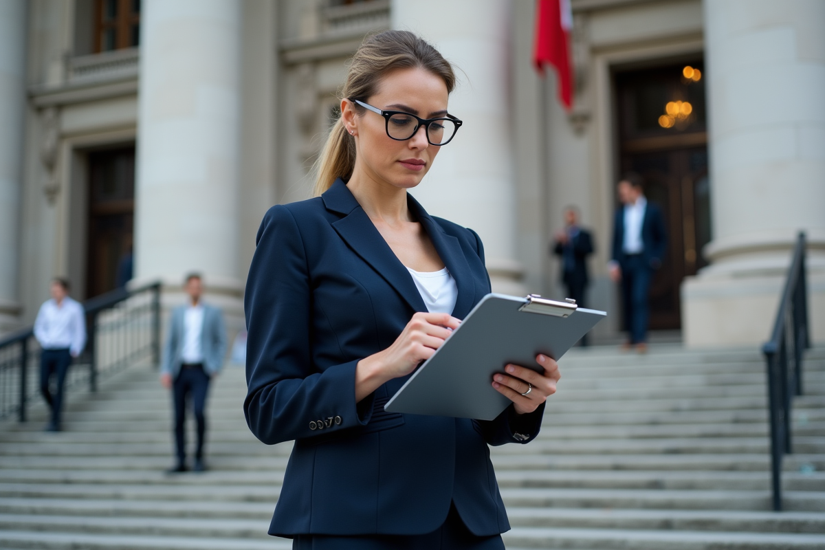 Femme en costume vérifiant une checklist devant une ambassade