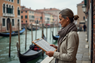 Femme regardant l'horaire à Venise avec gondola