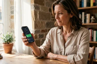 Femme consultant l'heure de Bali sur smartphone depuis un appartement parisien