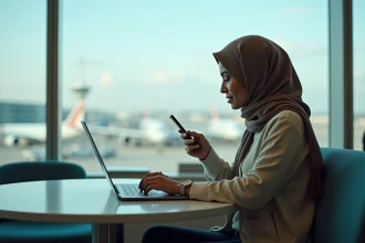 Jeune femme en hijab compare des vols à l'aéroport
