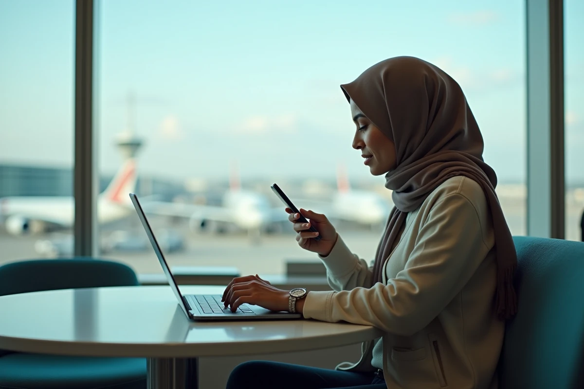 Jeune femme en hijab compare des vols à l'aéroport
