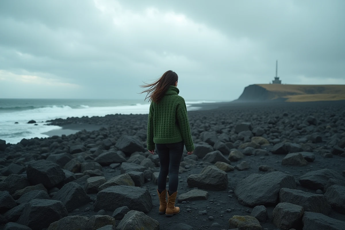 Femme islandaise face à l'Atlantique Nord près de Keflavík avec une installation radar de l'OTAN en arrière-plan sur un champ de lave volcanique