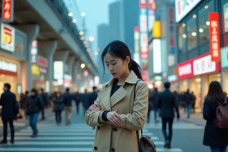 Jeune femme japonaise consultant sa montre dans une rue animée de Tokyo, illustrant le décalage horaire entre Tokyo et la France