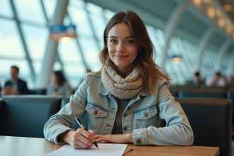 Jeune femme à l'aéroport en train de remplir un formulaire