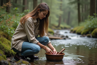 Jeune femme lavant ses cheveux avec de l'eau de source en nature