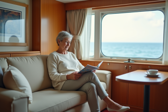Femme détendue lisant brochure dans cabine de croisiere