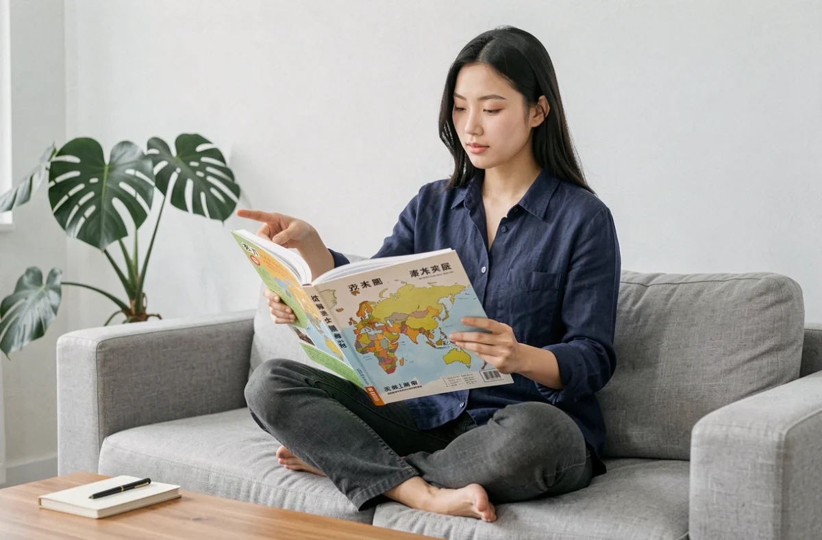 Jeune femme asiatique consultant un livre de géographie sur les pays et capitales d'Asie dans un appartement moderne
