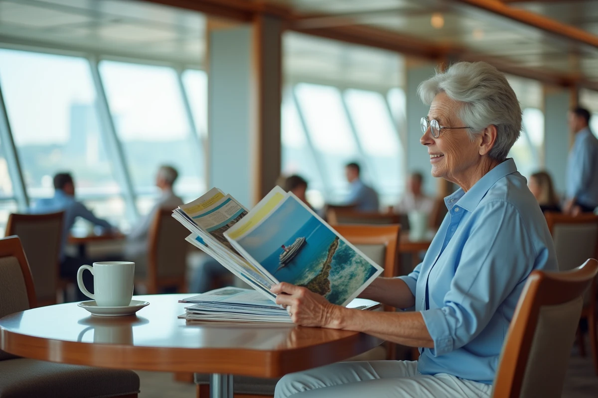 Femme senior examinant des brochures dans un lounge de croisiere