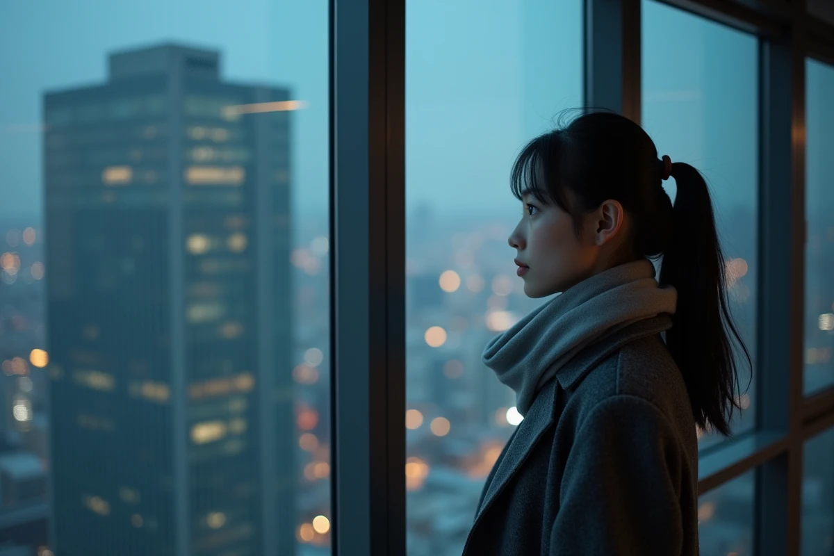 Femme japonaise contemplant Tokyo la nuit depuis une grande baie vitrée d'un gratte-ciel avec reflets urbains