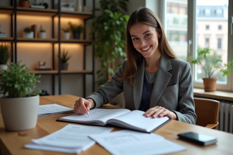 Jeune femme organise ses papiers de voyage dans un salon moderne