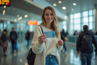 Femme montrant sa carte d'identite francaise a l'aeroport