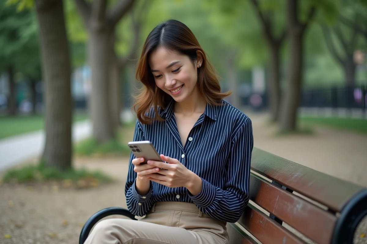 Femme assise dans un parc urbain consultant un itinéraire à pied sur Google Maps