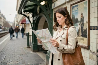 Femme consultant un plan du métro parisien devant la station Abbesses pour organiser son itinéraire à pied
