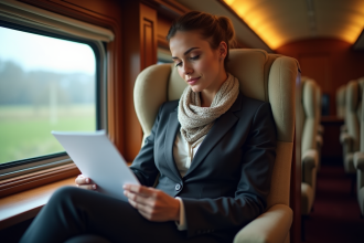 Femme d'affaires lisant dans une cabine de train élégante