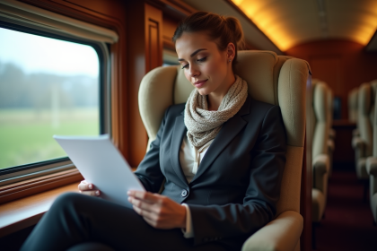 Femme d'affaires lisant dans une cabine de train élégante