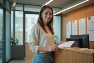 Femme souriante en service administratif en intérieur