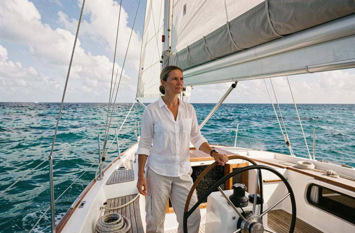 Femme skipper à la barre d'un catamaran de croisière voguant dans les eaux des Caraïbes
