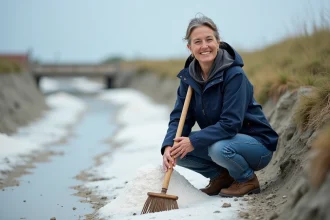 Femme souriante près d'un monticule de sel à Guérande