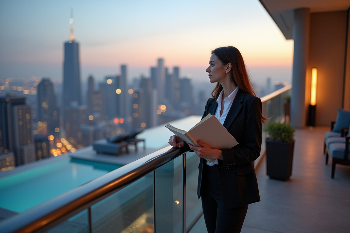 Jeune femme regardant la ville au crépuscule