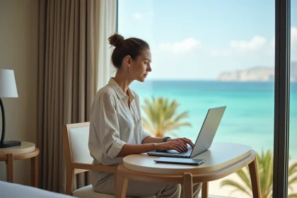 Femme travaillant avec vue sur la mer Méditerranée