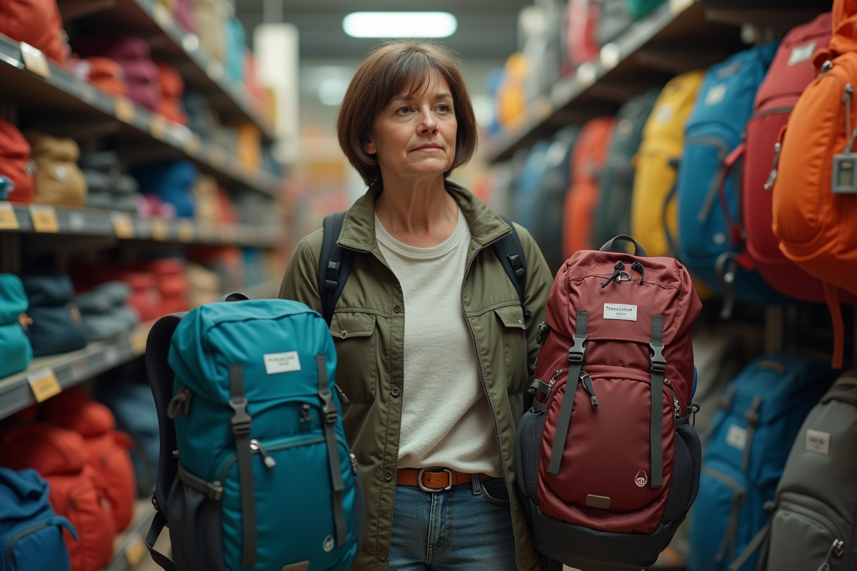 Femme comparant deux sacs à dos en magasin de sport