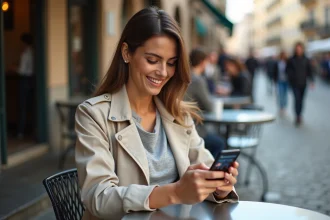 Femme en voyage utilisant une application eSIM multi-pays sur son smartphone dans un café européen