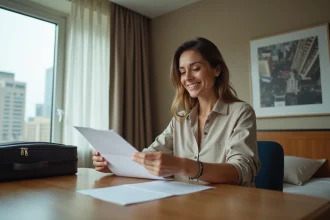 Femme en voyage examine un document dans une chambre d'hôtel