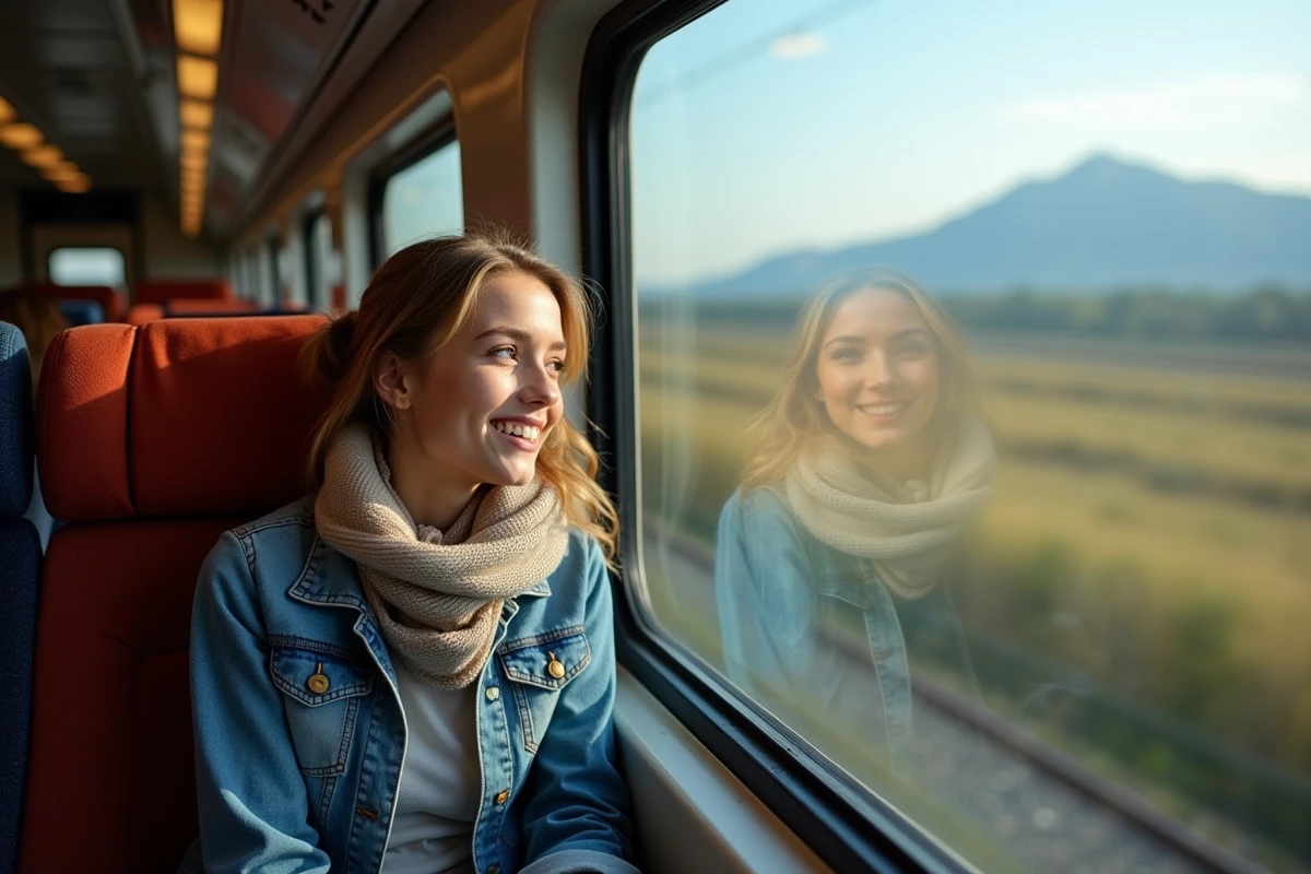 Jeune femme dans un train regardant le paysage