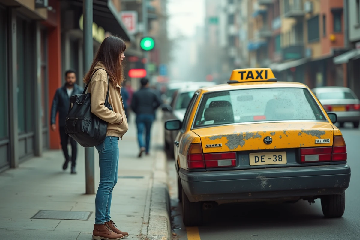Jeune femme regardant un taxi usé en rue urbaine