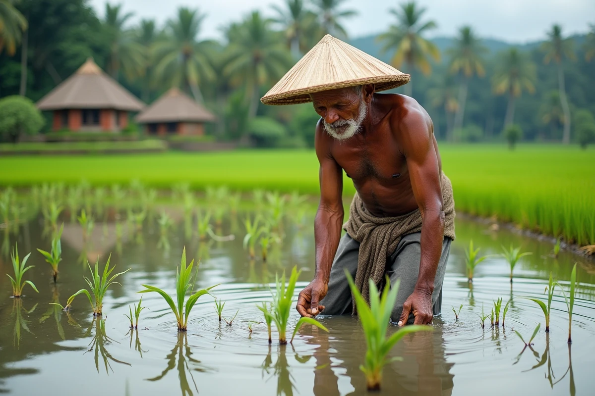 Fermier balinais travaillant dans une riziere inondée