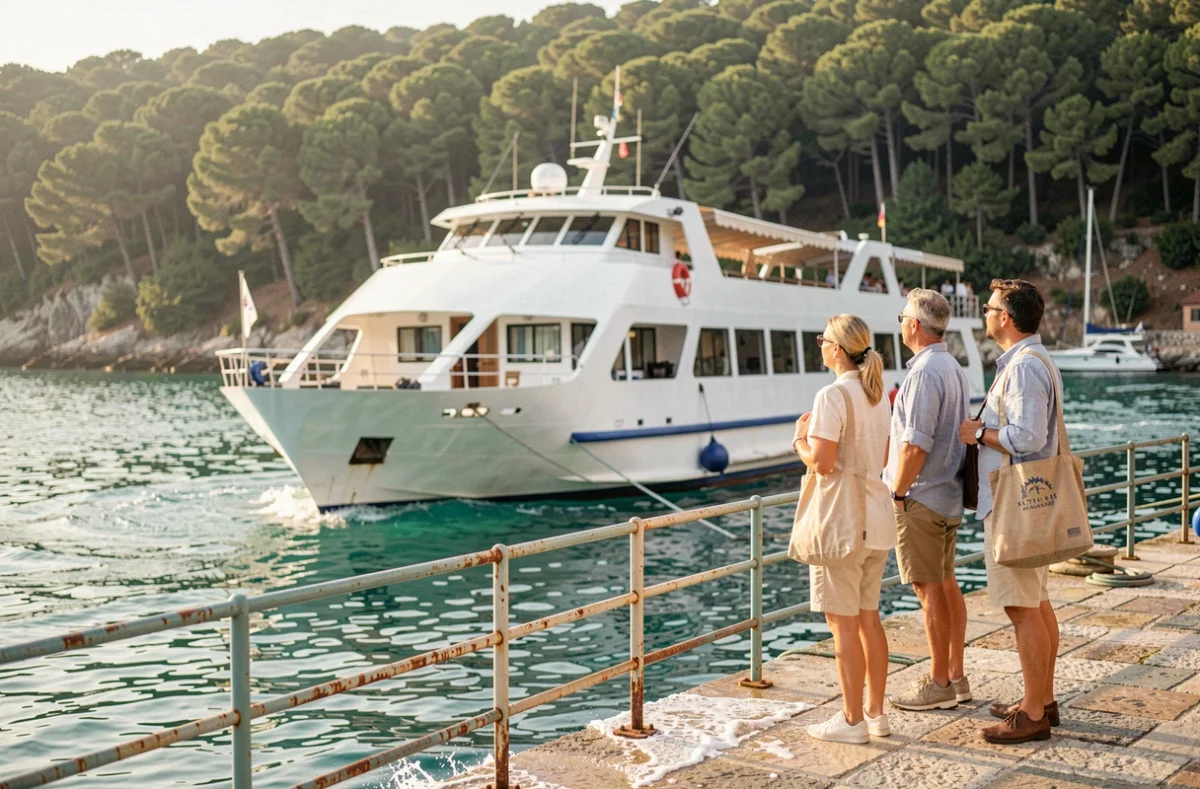 Ferry passagers arrivant dans le port de Porto-Vecchio en Corse du Sud avec voyageurs sur le quai