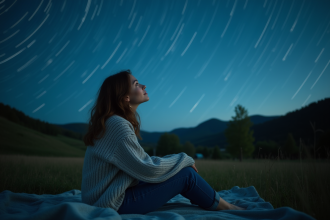 Jeune femme regardant le ciel étoilé avec météores