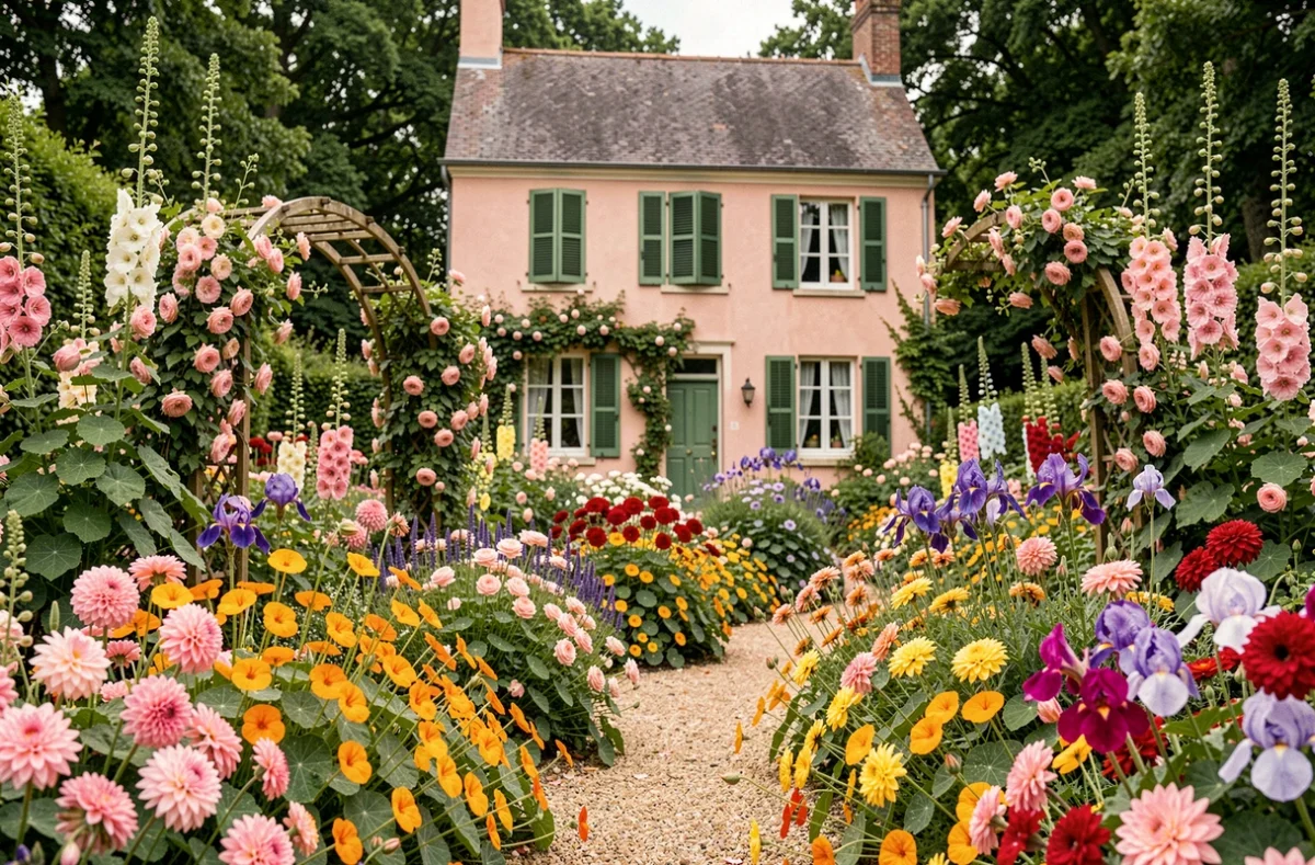 Façade rose de la maison de Monet à Giverny vue depuis les allées fleuries du célèbre jardin normand aux dahlias et nasturtiums