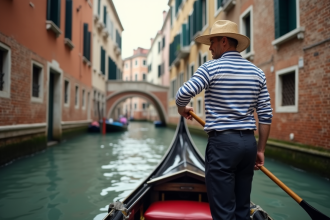 Gondolier vénitien au large canal avec bâtiments anciens
