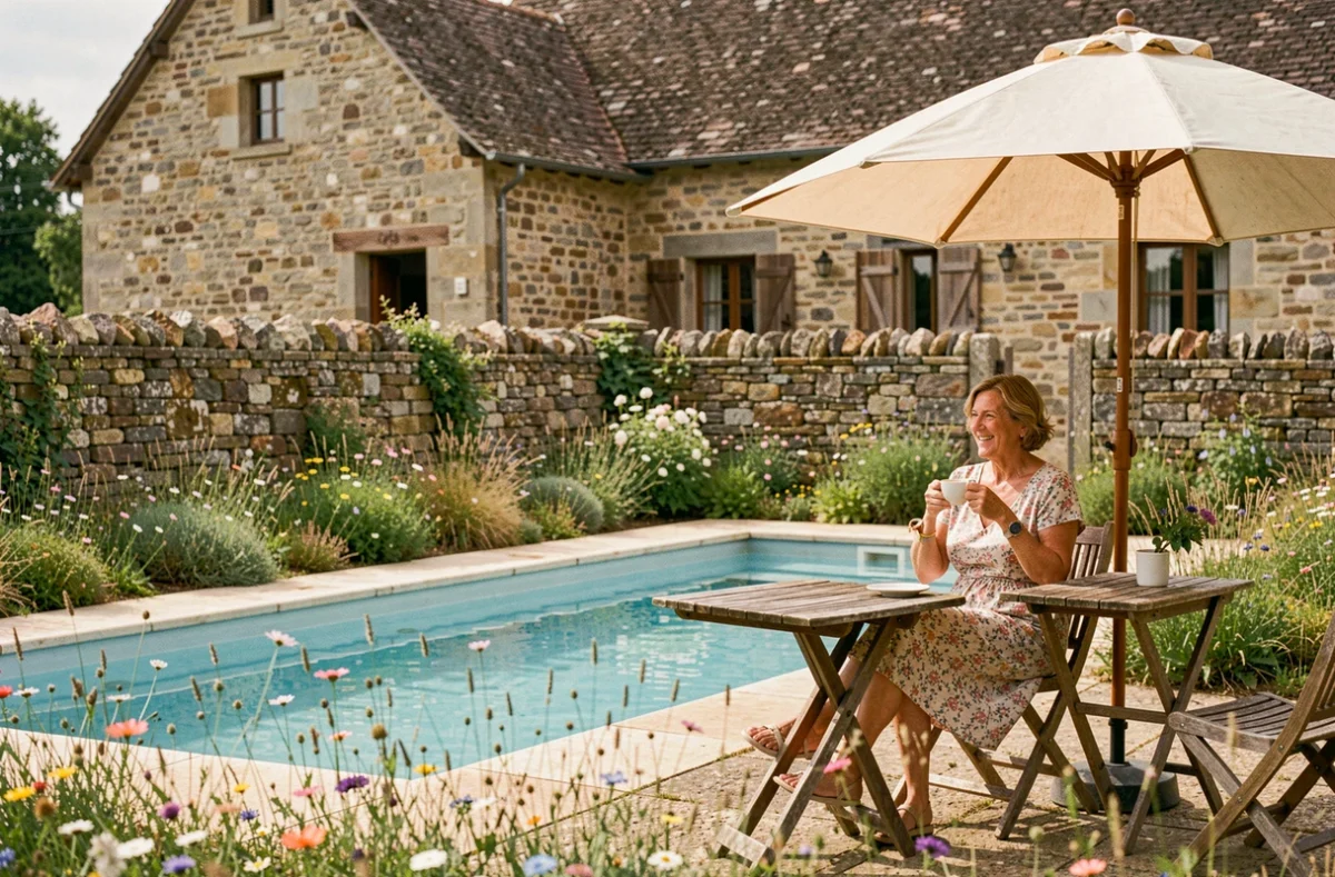 Piscine de La Grange du Berry avec grange en pierre restaurée et fleurs sauvages en Indre