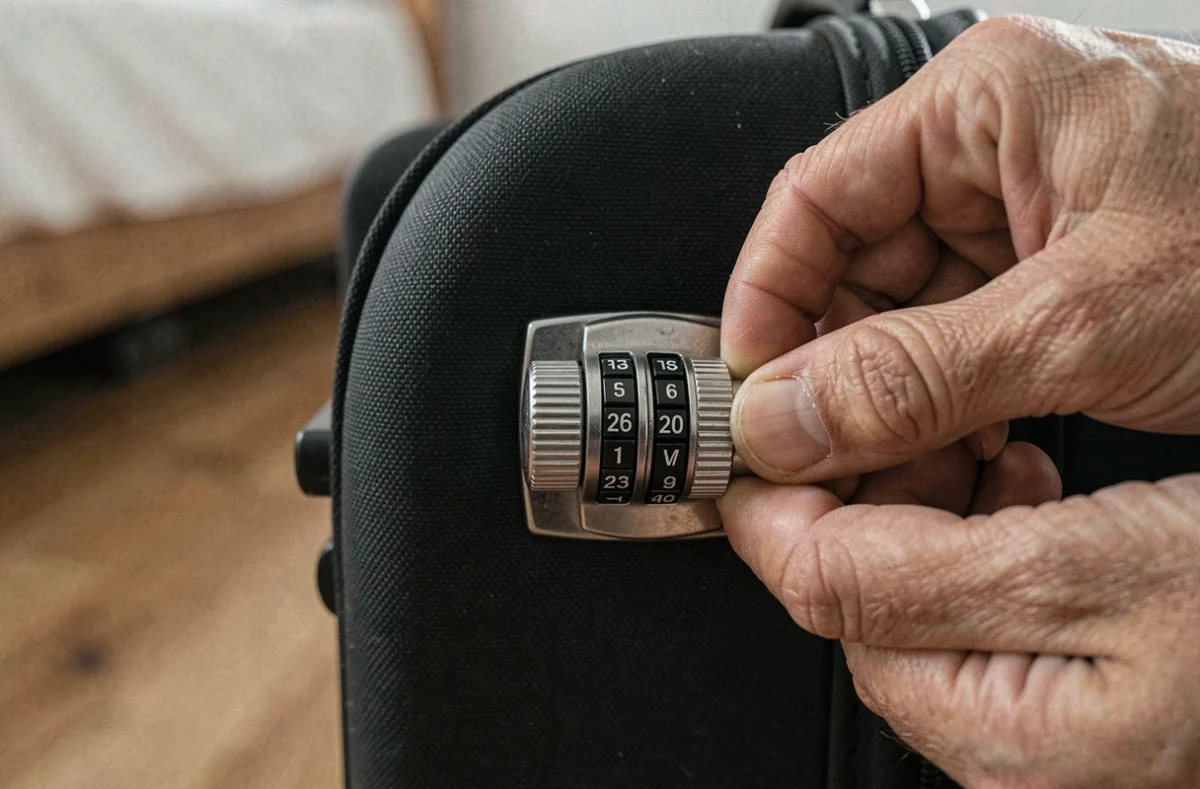 Gros plan sur les mains tournant les chiffres d'un cadenas de valise pour retrouver le code perdu
