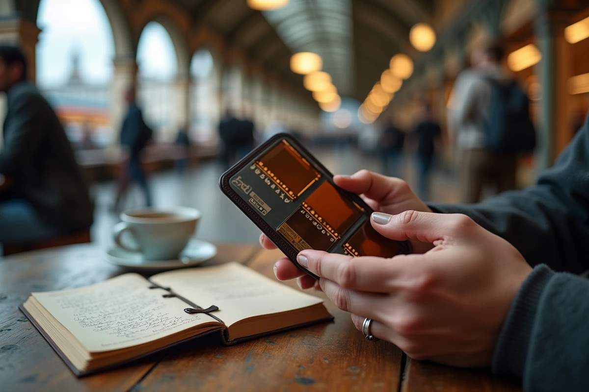 Gros plan sur les mains d'un photographe tenant l'organisateur Aguila OneStrip avec des pellicules dans un café de gare européenne