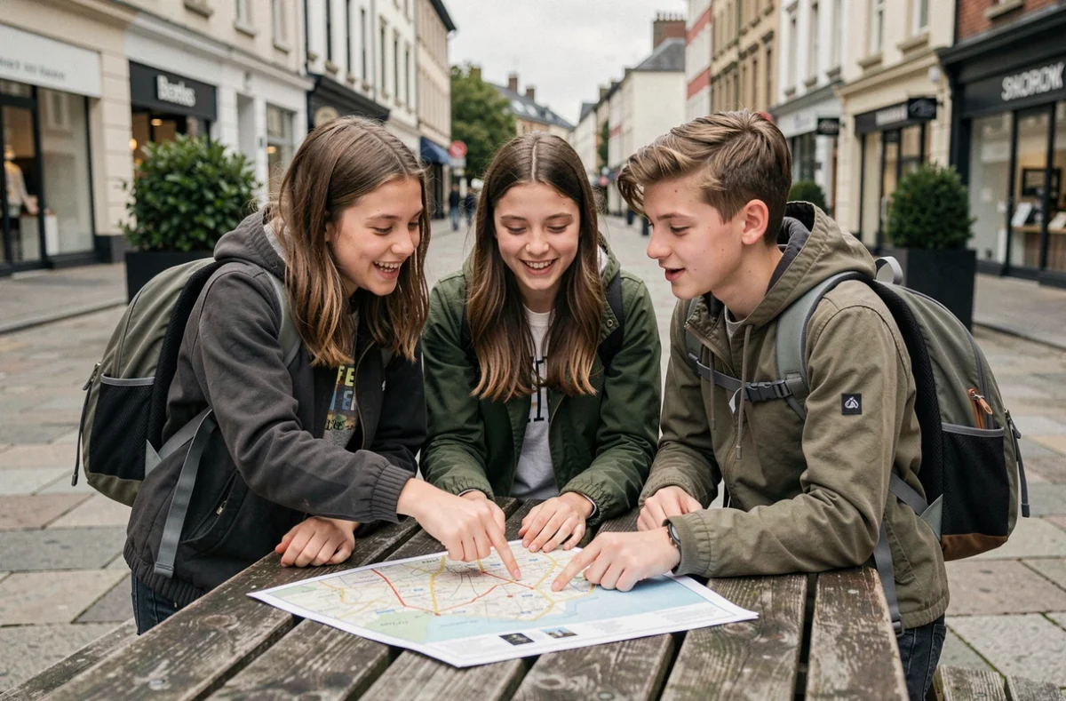 Groupe de trois adolescents consultant un itinéraire de voyage en extérieur, préparant leur départ en séjour à l'étranger avec France CEI en tant que mineurs