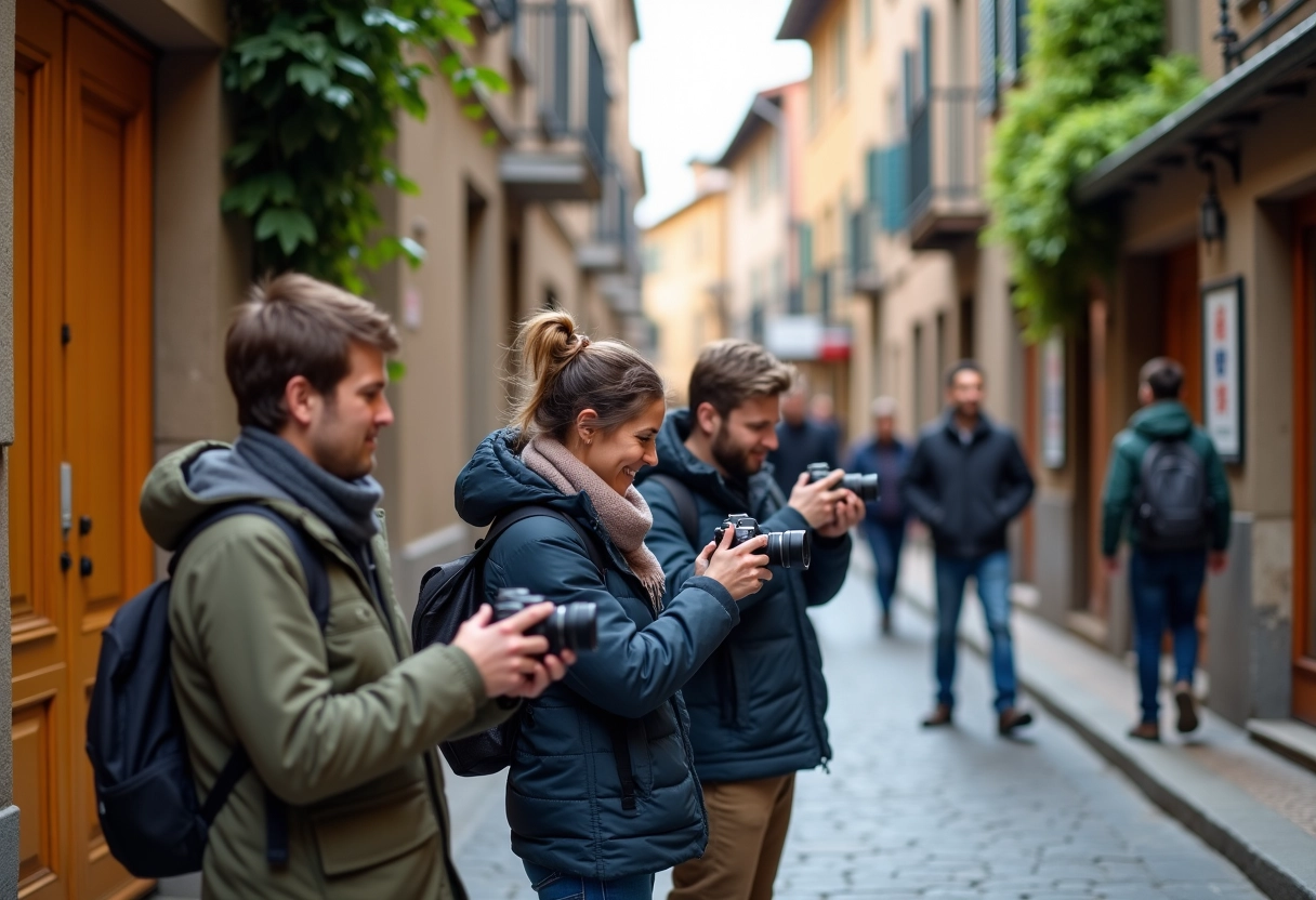 Groupe de photographes amateurs dans une rue pavée de village