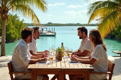 Groupe de vacanciers adultes profitant d'une terrasse de villa avec vue sur le lagon turquoise au Coral Lagoon Resort à Marathon en Floride